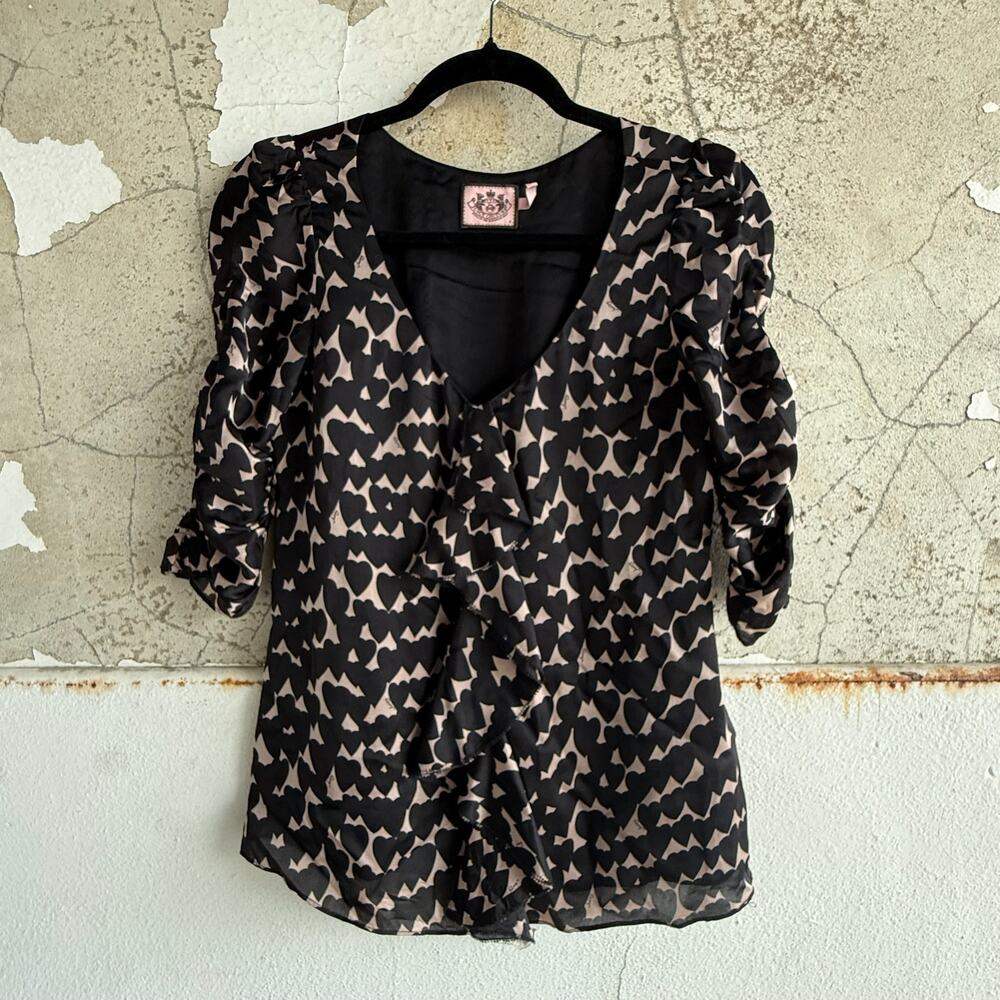 Juicy Couture Heart Print Ruffle Silk‎ Blouse Ruched Sleeve Y2K Romantic Small